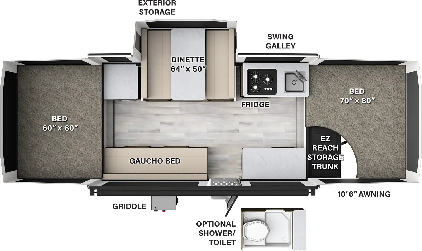 The 2318ESP has one slideout and one entry door. Exterior features a 10 foot 6 inch awning, griddle, exterior storage, and front EZ reach storage trunk. Interior layout front to back: front tent bed; off-door side swing galley with sink, refrigerator and cooktop, dinette slideout, and countertop; door side countertop, entry, and gaucho bed; rear tent bed. Optional shower/toilet available.